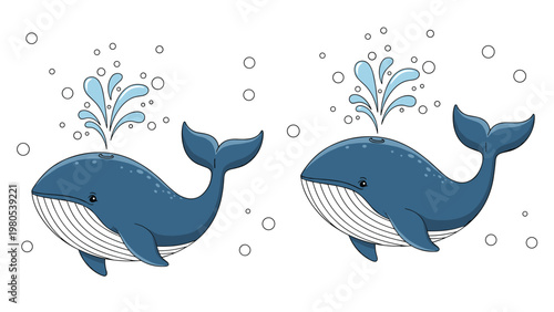 Pair of happy cartoon blue whales spouting water from their blowholes surrounded by bubbles on a clean white background for children.