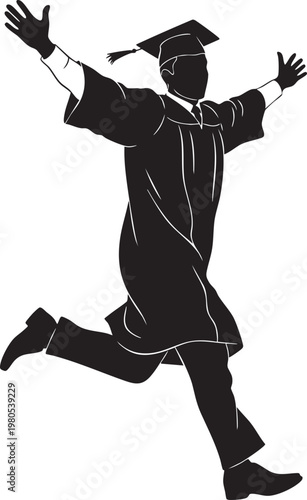Silhouette of a jubilant graduate in cap and gown running with arms outstretched in celebration
