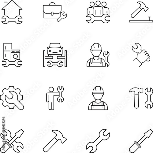 Maintenance and repair service vector icon set, wrench, hammer, screwdriver, mechanic, car, house, appliance