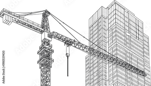 Tower crane and skyscraper building construction site technical outline drawing for engineering architecture city development and urban civil industrial project design.