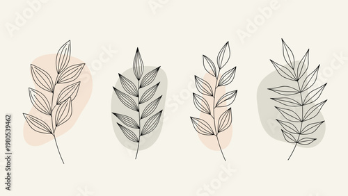 Minimalist leaf branches in black line-art accompanied by soft abstract color shapes on a light beige background for modern wall decor.