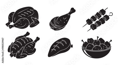 Collection of grilled poultry dishes in silhouette style for culinary design