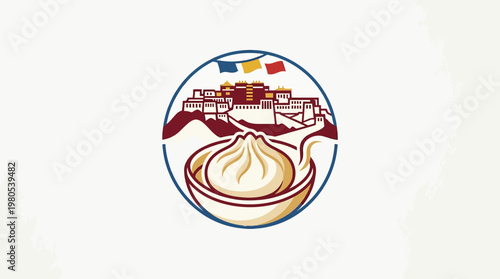 Tibetan Food Logo with Traditional Architecture and Momo