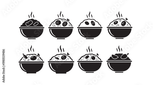 Collection of steaming hot bowls with diverse food ingredients and garnishes in a clean graphic style