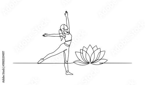 Minimal one line yoga woman with lotus flower horizontal line art vector illustration