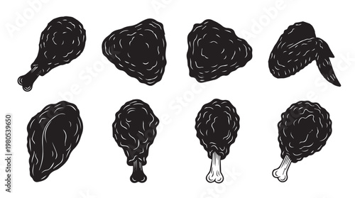 Crispy Fried Chicken Pieces Isolated on White Background Silhouette