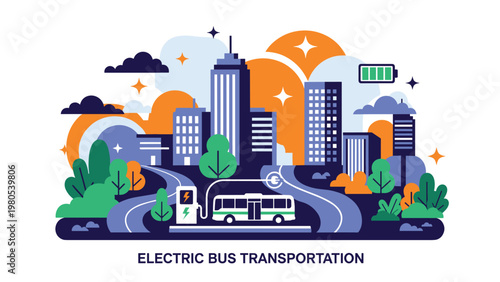 Sustainable city transportation scene features an electric bus at a charging station with modern skyscrapers in the background.
