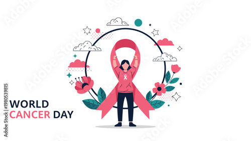 World cancer day illustration shows a woman standing with a giant pink awareness ribbon surrounded by flowers and clouds.