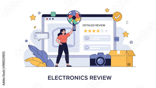Comprehensive electronics review concept features a woman holding a colorful fan next to gadgets and customer rating stars.