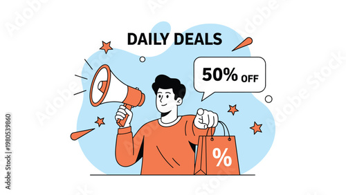 Promotional daily deals graphic shows a man with a megaphone pointing towards a shopping bag with a fifty percent discount.