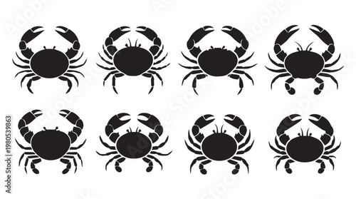 Eight black crab silhouettes against a white background for seafood branding and ocean themes