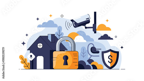 Secure home protection concept includes a house icon with a large padlock surveillance camera and a financial shield symbol.