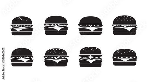 Eight simplified hamburger icons in a black and white flat design for food branding