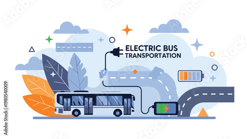 Eco friendly electric bus transportation concept shows a modern bus connected to a power source on a stylized city road.