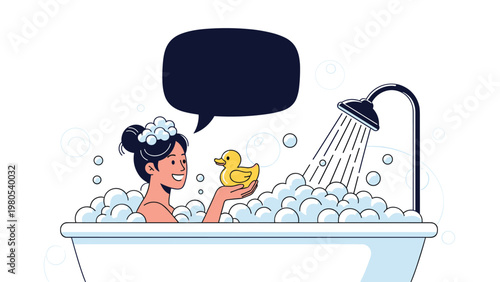 Relaxing evening routine scene shows a woman enjoying a bubble bath with a yellow rubber duck and a simple speech bubble.