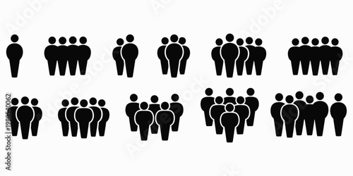 Collection of Black Human Figure Icons Representing Groups of People Keywords: group, people, icon, silhouette, crowd, team, community