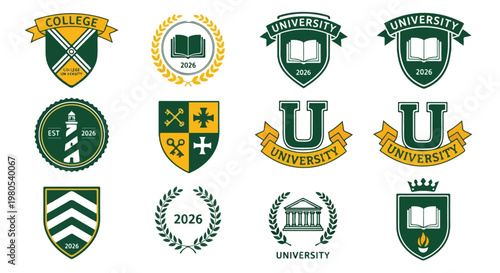 Vintage university crests and college emblems, set of 12 academic vector badges, green and yellow heraldic shields for school branding and graduation