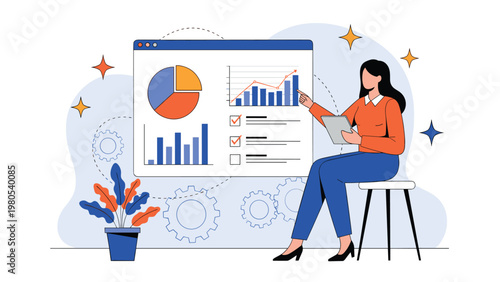 Business woman analyzes corporate data and financial charts on a large digital screen while taking notes on a portable tablet.