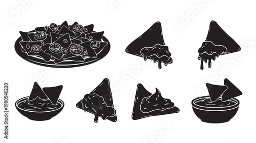 Nachos with cheese and salsa in a plate and separate pieces with dipping sauce