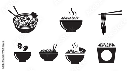 Noodle Bowl Icons with Chopsticks and Steam in Simple Black Silhouette Style