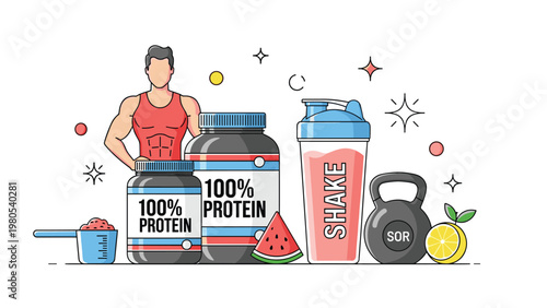 Fitness supplements and muscle building concept shows a strong man with jars of protein powder a shaker and fresh fruit.