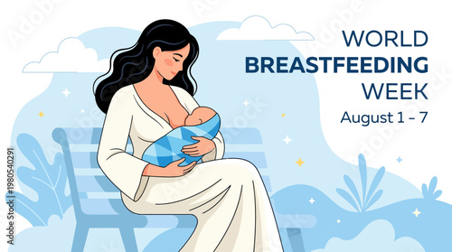 World Breastfeeding Week Illustration of a Mother Nursing Her Baby Outdoors, August 1-7 Awareness Campaign