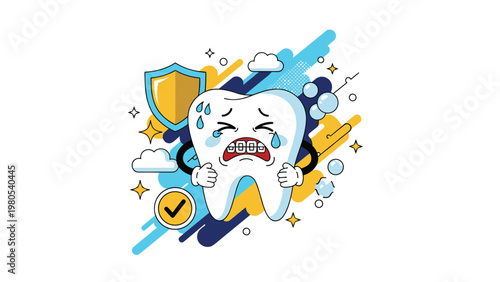 Sad crying tooth wearing dental braces surrounded by protective shield and hygiene bubbles for orthodontic care concept.