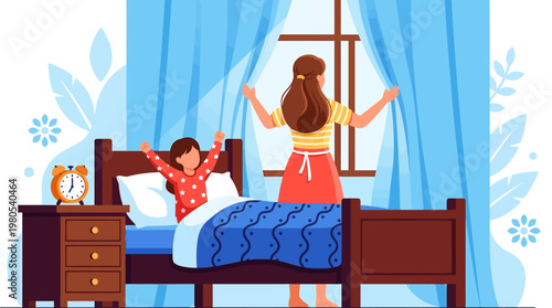 Mother Opening Bedroom Curtains to Wake Up Daughter for a New Day Vector Illustration