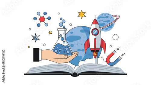 Educational science background featuring open book with space rocket, chemical flask, magnet, and planets in orbit.