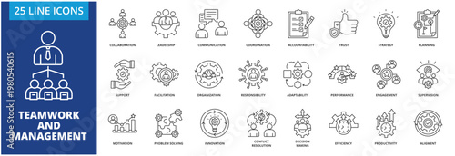 Team Work And Management icon set collection in outline style. Containing  collaboration, leadership, communication, coordination, accountability, trust, strategy, planning, delegation, 
