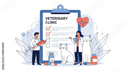 Professional veterinary clinic scene with medical staff, cats, clipboard checklist, and various pet healthcare items.