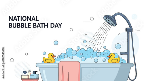 National bubble bath day illustration showing relaxing bathtub full of bubbles with yellow rubber ducks and shower.