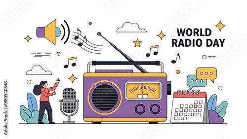 World radio day celebration with woman dancing next to retro purple radio receiver, microphone, and music symbols.