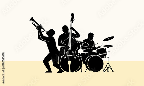 Silhouette of jazz band musicians playing.