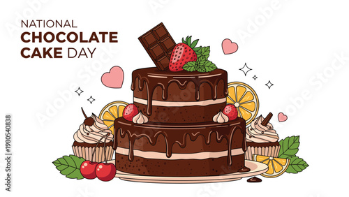 Decorative two-tier chocolate cake surrounded by cupcakes and fresh fruits for national chocolate cake day party.