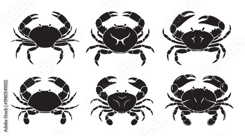 Six black crab silhouettes on a white background representing seafood and ocean life concepts