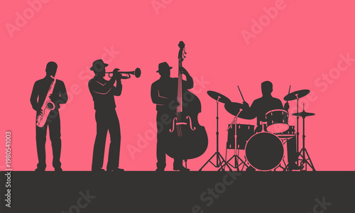 Silhouette of a jazz band performing on stage with musical instruments.