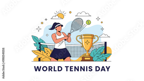 World tennis day illustration featuring female player hitting ball with racket near golden trophy on tennis court.