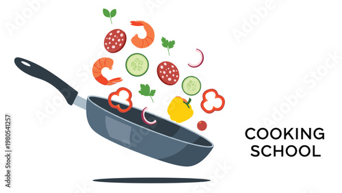 Cooking school concept featuring frying pan with flying ingredients like shrimp, peppers, and salami slices.