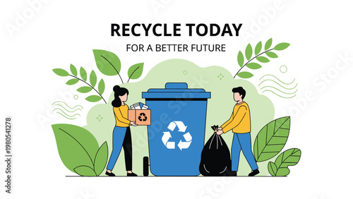 Recycle today for a better future message with people placing waste into large blue recycling bin with symbols.