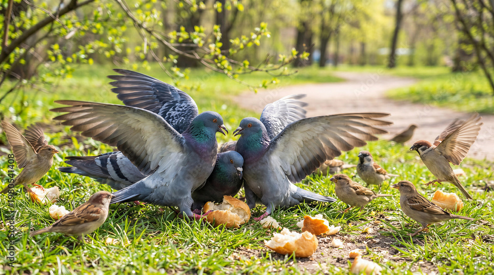 Fototapeta premium Pigeons and sparrows feeding on crumbs in a green park setting 