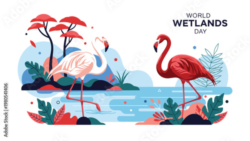 World wetlands day illustration with pink flamingos standing in water surrounded by vibrant tropical plants.