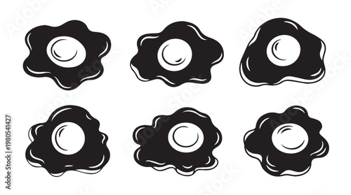 Six Fried Eggs Hand Drawn Style Against White Background