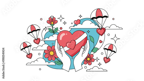Giving heart and charity concept with hands holding large heart box and hearts floating down with parachutes.