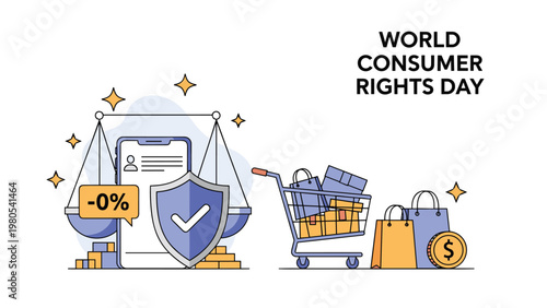 World consumer rights day banner features scales of justice and shopping items to symbolize protected purchasing.