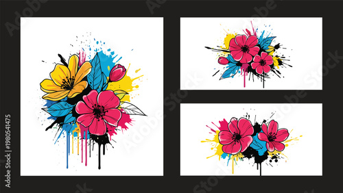 Vibrant set of floral illustrations with colorful ink splashes and hand-drawn pink and yellow blossoms on white.