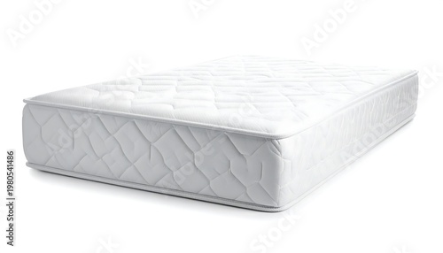 A new, pristine, white, rectangular mattress with quilted design and rounded edges, ideal for comfortable sleep. It is on a white background
