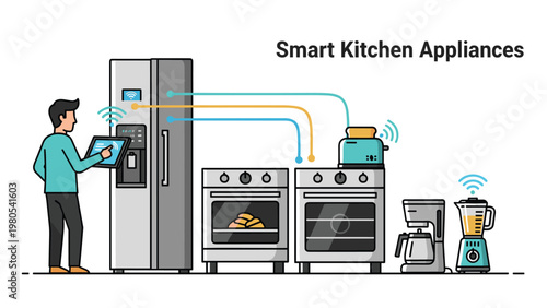 Smart kitchen appliances concept shows a man using a tablet to control connected devices like a fridge and oven.