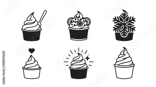 Six simple black and white line art illustrations of soft serve ice cream cones in cups with various toppings