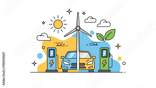 Sustainable future featuring an electric car charging at stations powered by a wind turbine in a clean energy environment scene.